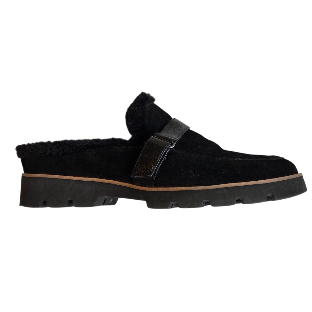 Vionic Kailen Black Suede Slip On Mules Sz 9.5 Wide Faux Shearling Lining